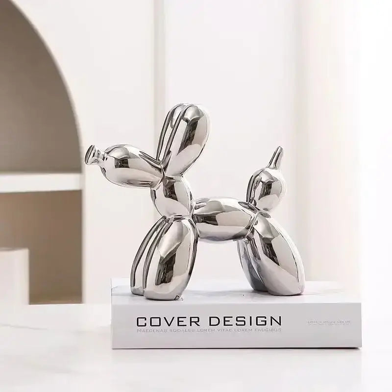 Glossy iridescent silver and gold 22cm balloon dog ceramic sculpture for living room decor with shiny silver finish