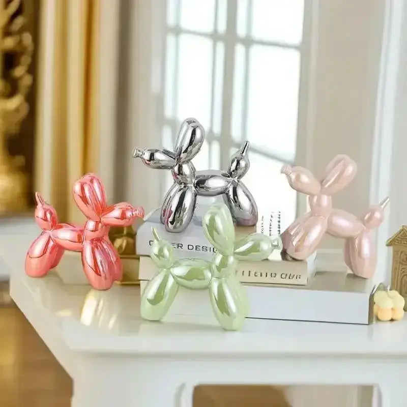Set of four glossy balloon dog ceramic figurines in pink silver and mint green for living room decor 22cm balloon dog