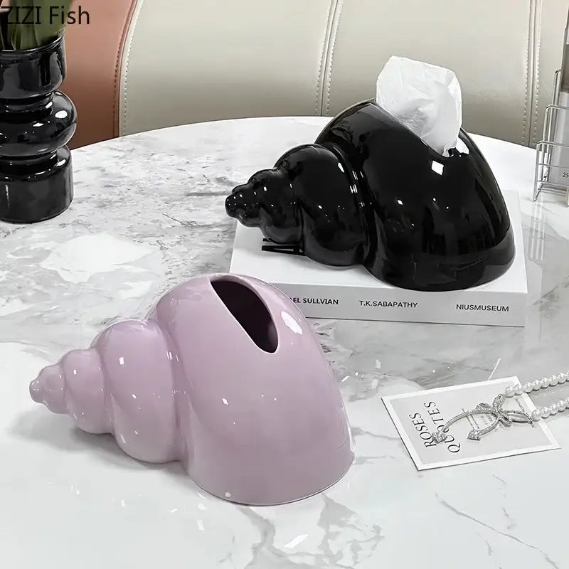 Glossy black and lavender decorbites conch ceramic tissue box with white tissues for living room decor