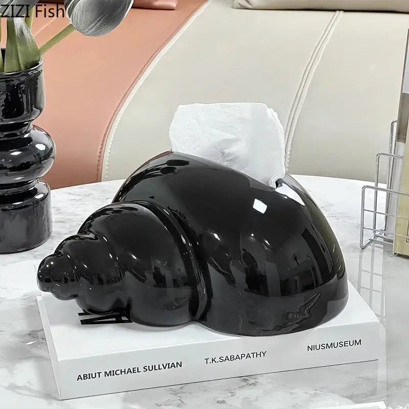 Shiny black ceramic seashell-shaped tissue box holder for living room decorbites conch ceramic tissue use