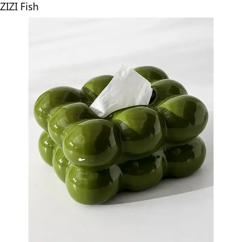 Glossy lime green bubble ceramic tissue box with rounded segments for dining table decor by decorbites cotton candy