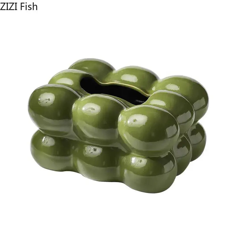 Glossy lime green bubble ceramic tissue box with olive green finish for dining table decor and decorbites cotton candy style