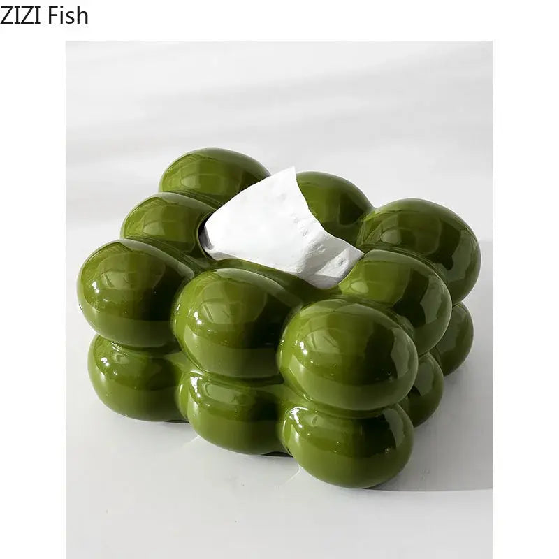 Glossy lime green bubble ceramic tissue box with olive green finish and clustered design for dining table decor