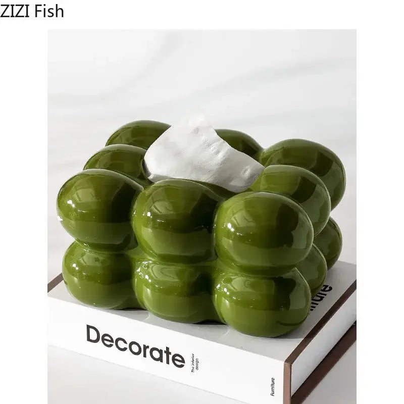 Glossy lime green ceramic tissue box with bubble design for dining table decor featuring robosty cotton candy finish