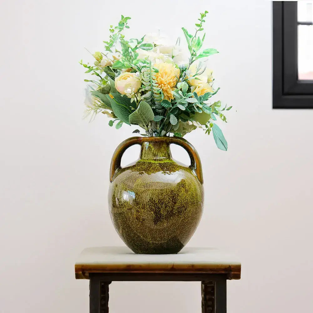 Glossy olive green speckled ceramic vases teapot with two handles holding artificial flowers for decorbites ceramic vases