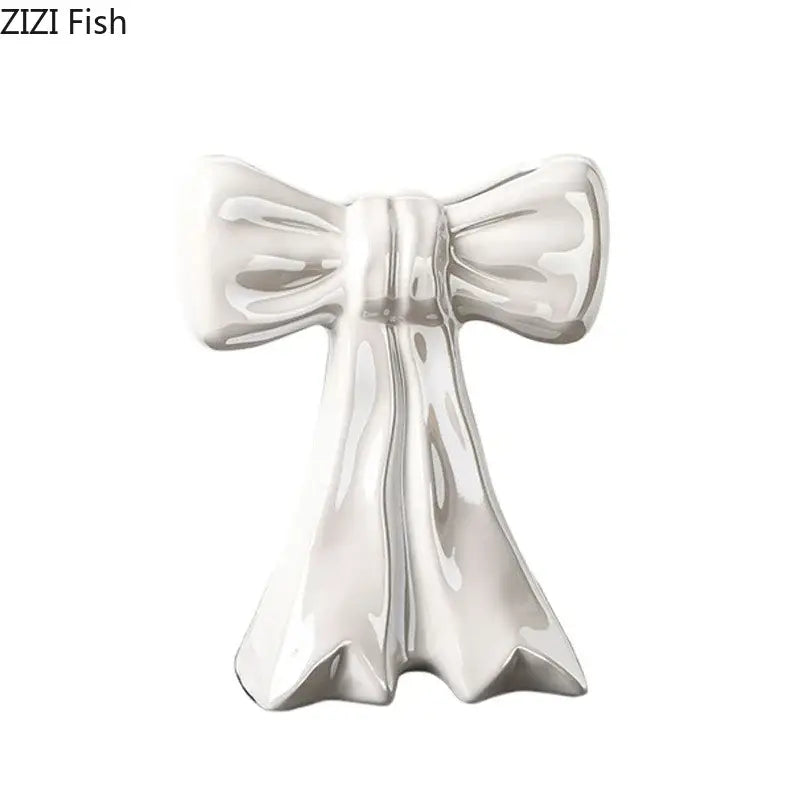 Shiny silver bowknot ceramic vase by decorbites for bedroom floral decor with glossy finish and elegant shape