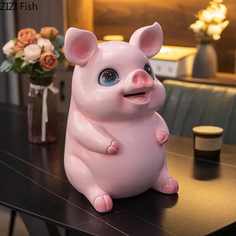 Glossy pink ceramic piggy bank with blue eyes and smiling face savings jar by decorbites cartoon pig for bedroom decor