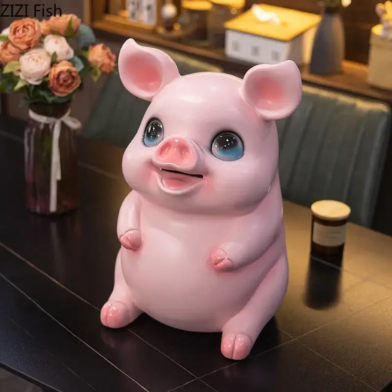 Glossy pink ceramic piggy bank with blue eyes and smiling expression savings jar decorbites cartoon pig for bedroom decor