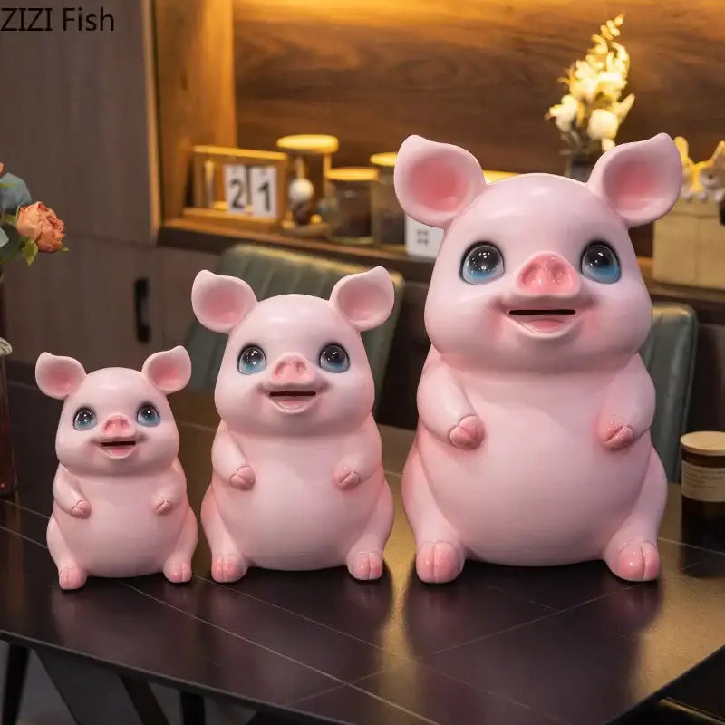 Glossy pink ceramic piggy bank savings jar set with smiling decorbites cartoon pig design in three sizes for bedroom decor