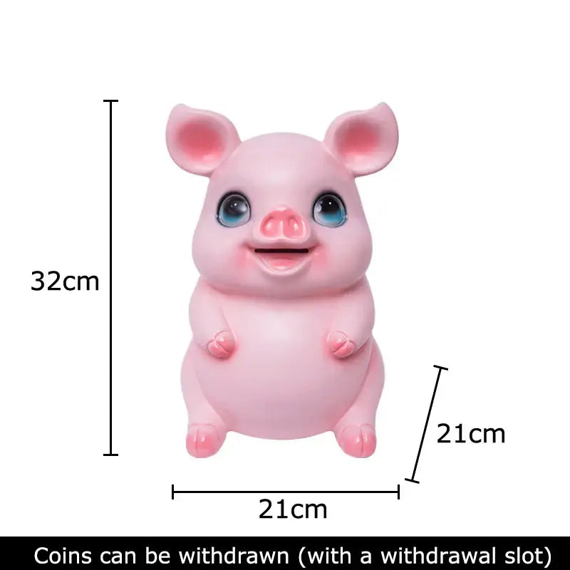 Glossy pink ceramic piggy bank savings jar with blue eyes smiling face coin slot decorbites cartoon pig design