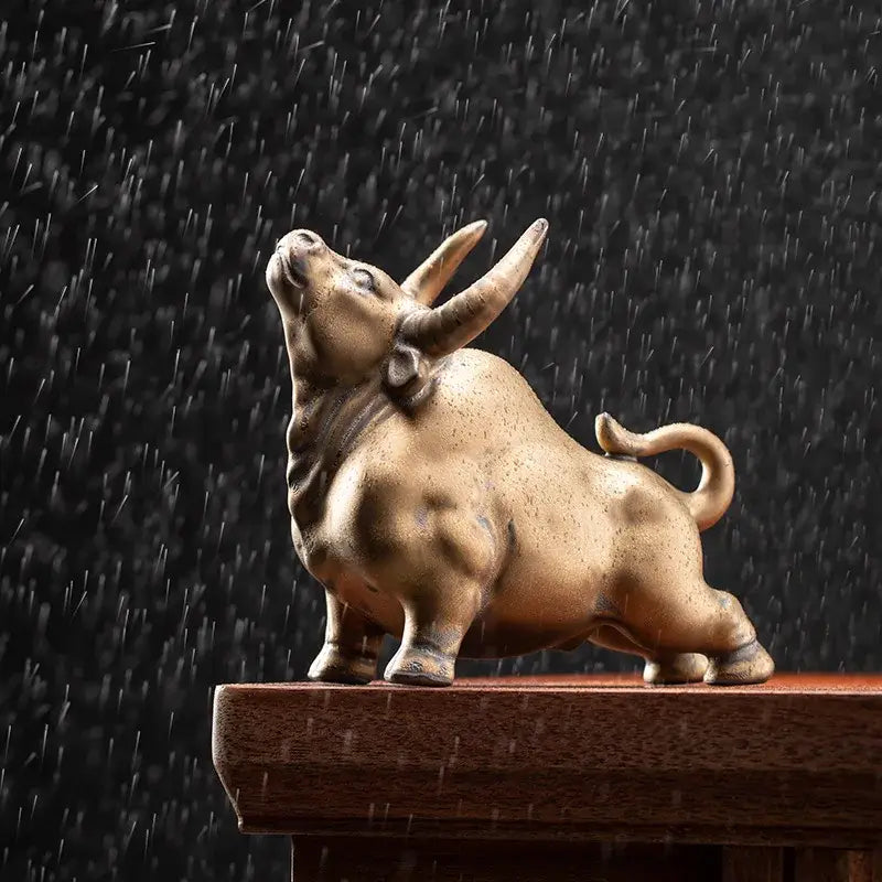 Bronze-colored ceramic decorbites bull figurine with detailed musculature and curved horns on wooden surface office decor