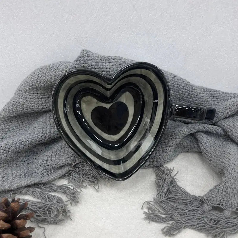 Black glossy heart shape ceramic coffee mug with white stripes perfect decorbites heart shape kitchen gift