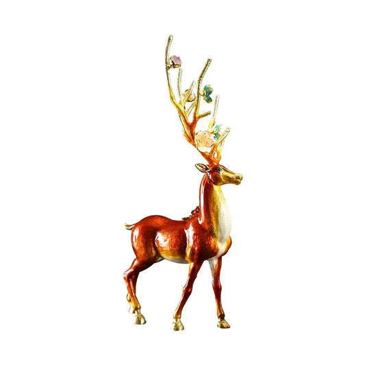Glossy reddish brown and white deer figurine with golden antlers and gemstones for peace porch decoration set