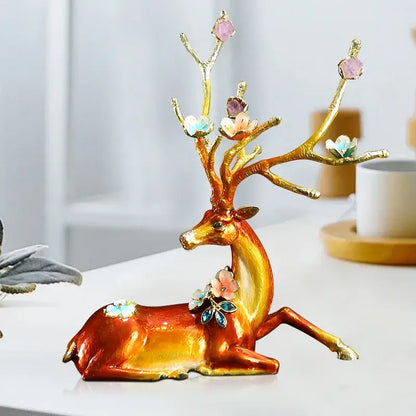 Glossy reddish brown and white golden deer figurine with ornate gemstone antlers in deer peace porch decoration set