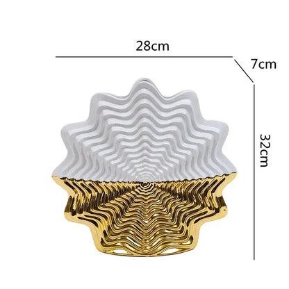 Glossy white and gold fringe geometry ceramic vase with wavy ridges for elegant living room decor by decorbites fringe geometry