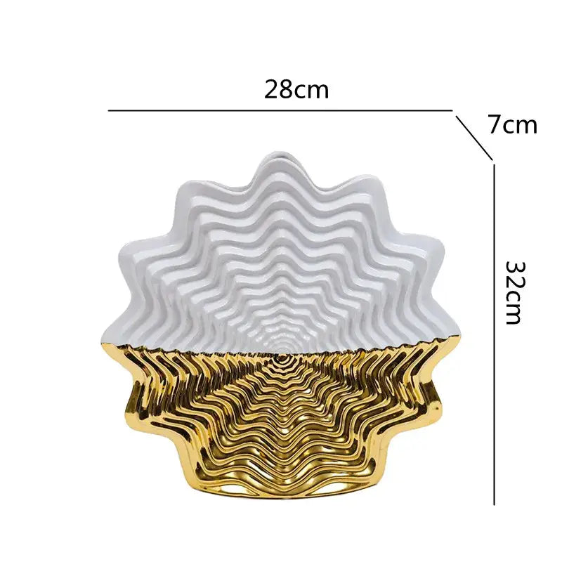 Glossy white and gold fringe geometry ceramic vase with wavy ridges for elegant living room decor by decorbites fringe geometry