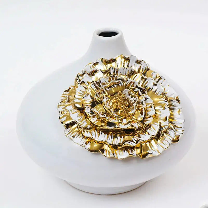 Glossy white ceramic vase with gold and silver 3D floral embellishment for decorbites fringe geometry decor
