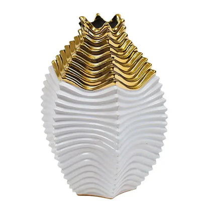 A sleek white ceramic fringe geometry vase with a glossy gold wave-patterned top for living room decorbites decor