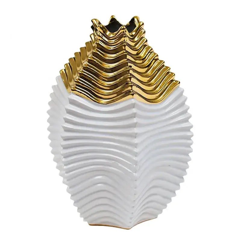 A sleek white ceramic fringe geometry vase with a glossy gold wave-patterned top for living room decorbites decor