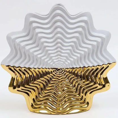 A sleek modern fringe geometry ceramic vase in glossy white and gold ideal for living room decorbites fringe geometry decor