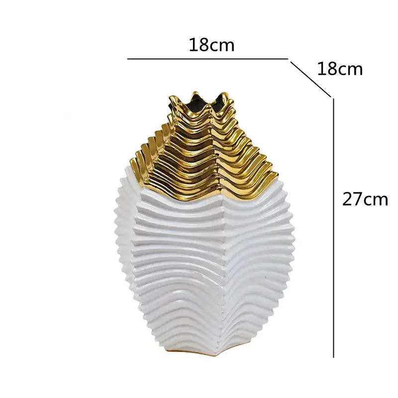 A sleek white ceramic fringe geometry vase with gold-toned wave-patterned top and ridged sides for living room decorbites decor