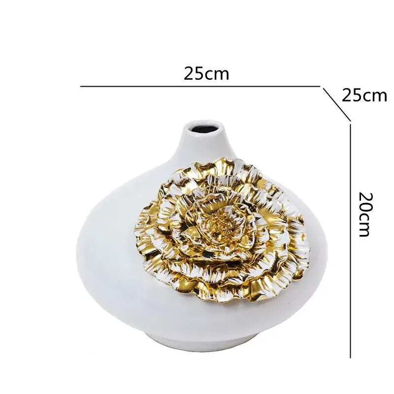 Glossy white and gold fringe geometry ceramic vase with sculpted gold rose decorbites fringe geometry decor