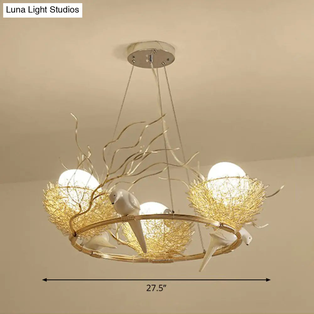 Gold Aluminum Pendant Light with Artistic Bird Nest and Egg Design for Dining Room