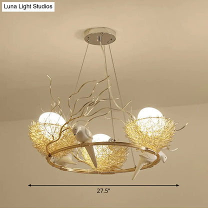 Gold Aluminum Pendant Light with Artistic Bird Nest and Egg Design for Dining Room