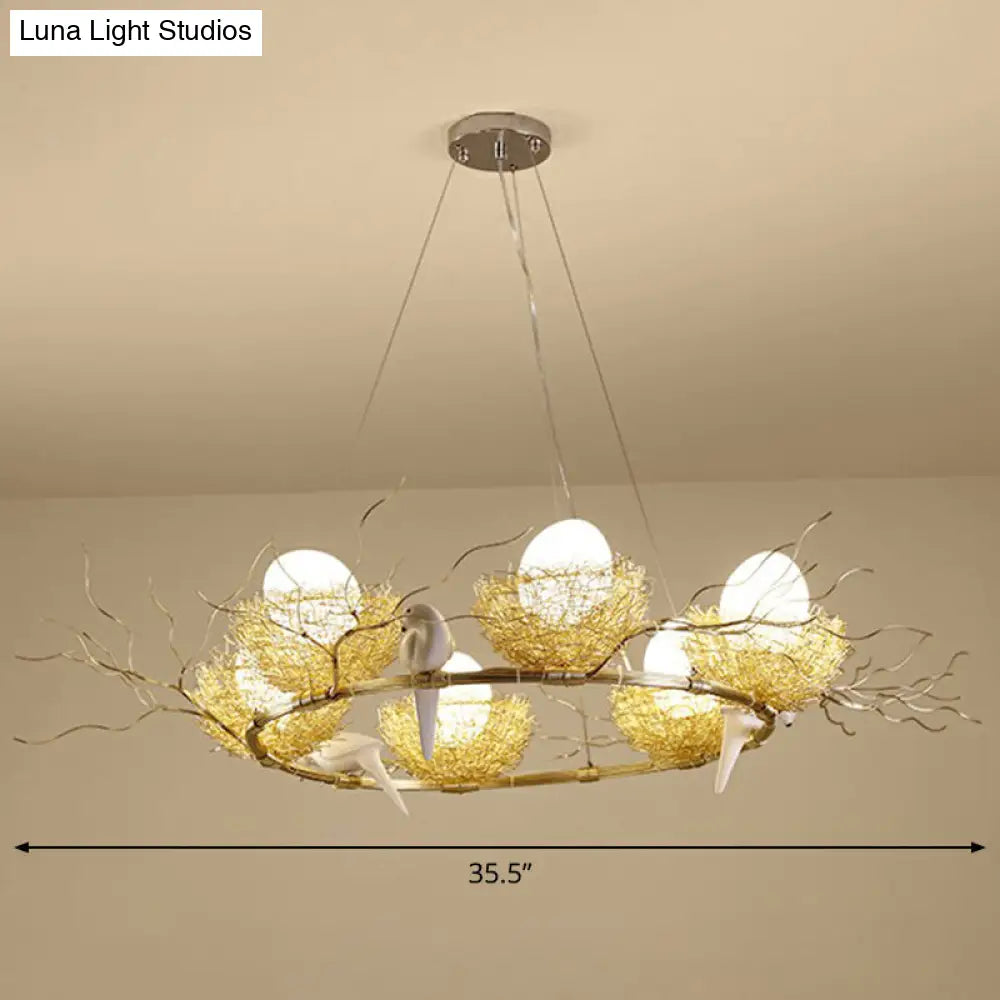 Gold Aluminum Pendant Light with Artistic Bird Nest and Egg Design for Dining Room