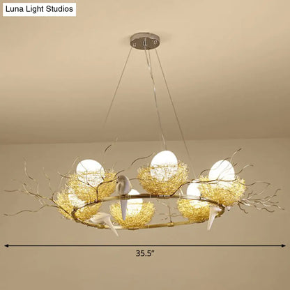 Gold Aluminum Pendant Light with Artistic Bird Nest and Egg Design for Dining Room