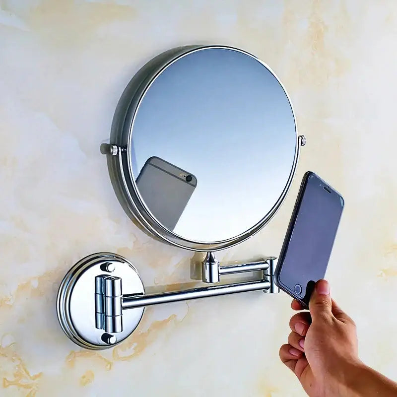 Chrome-finished decorbites adjustable wall mounted cosmetic mirror with sleek arm and circular design in gold and black