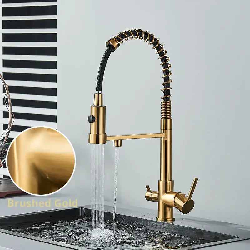 Brushed gold water purification mixer tap with flexible coiled hose and dual handles for kitchen use
