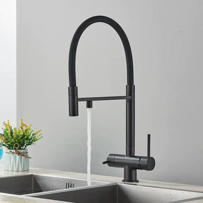 Black matte finish dual spout water purification mixer tap with curved pull-down design for kitchen use