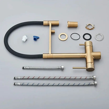 Modern gold and black dual spout water purification mixer tap with a sleek minimalist design and flexible hose