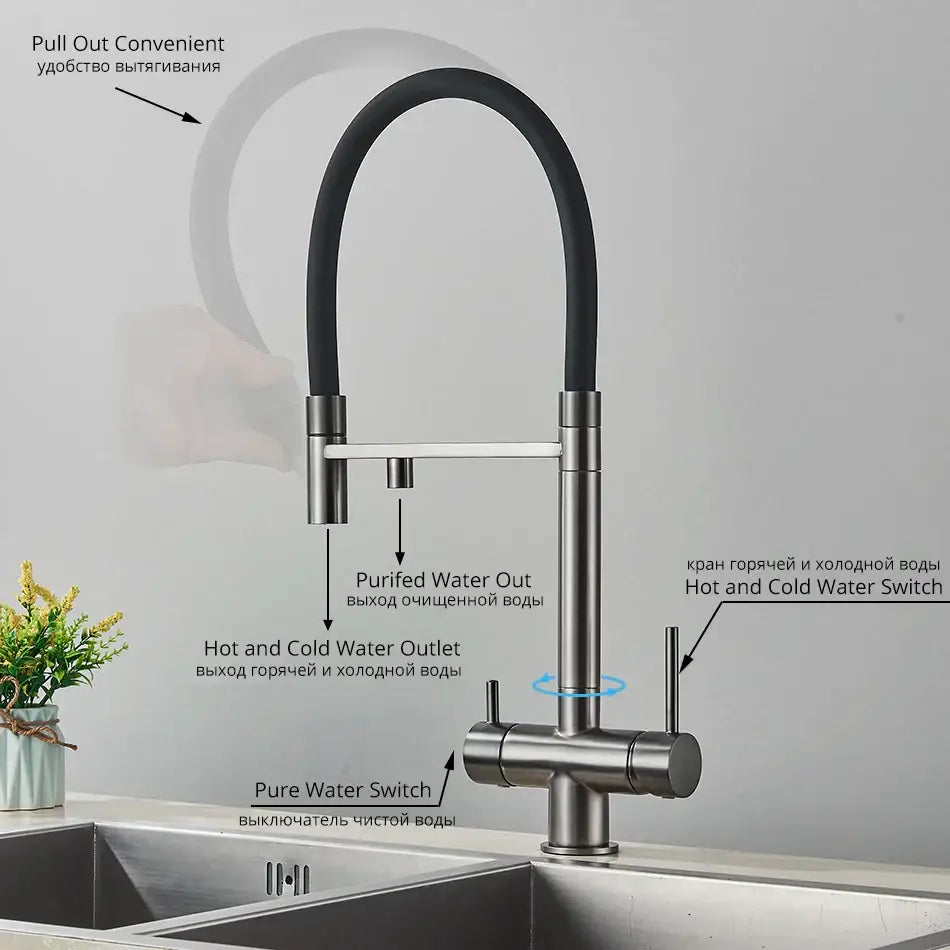 Modern gold and black dual spout water purification mixer tap with stainless steel and black flexible hose handles hot cold water