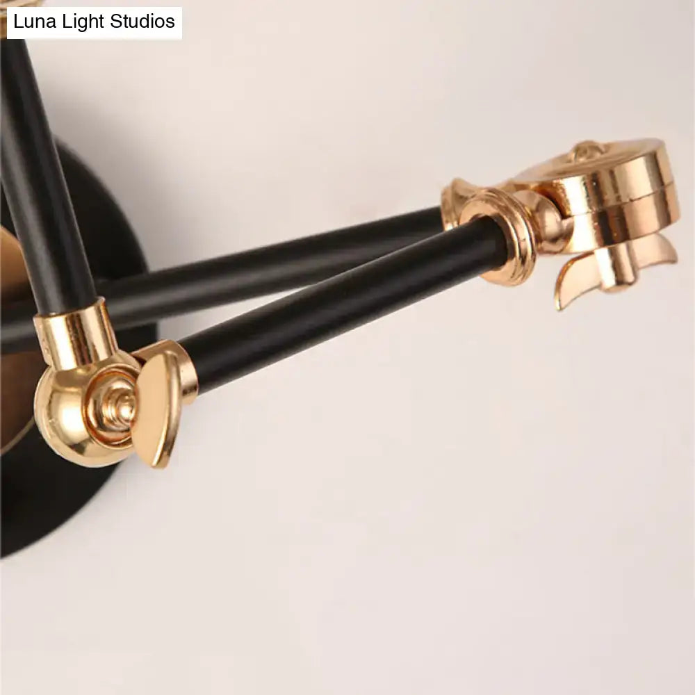 Black and brass metal cone wall light with swing arm and articulated arms ideal for industrial bedroom sconce lighting