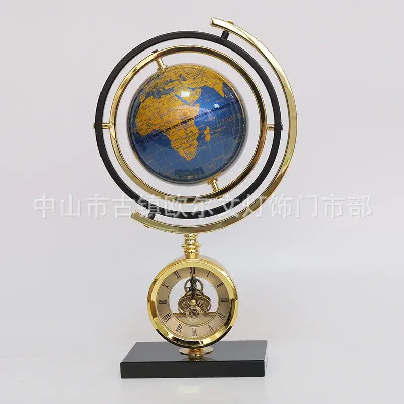 Gold and blue clock globe decoration with ornate brass frame and marble base for living room globe decoration decorbites clock globe