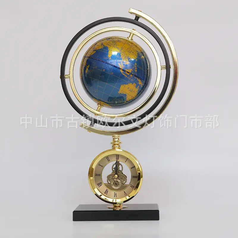 Gold and blue clock globe decoration with ornate brass stand and roman numeral face on marble base for living room decorbites clock globe