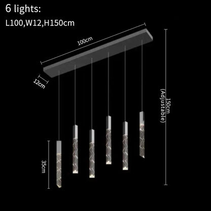 Modern black rectangular decorbites crystal led chandelier with six adjustable glass cylinders and metallic accents for living room lighting