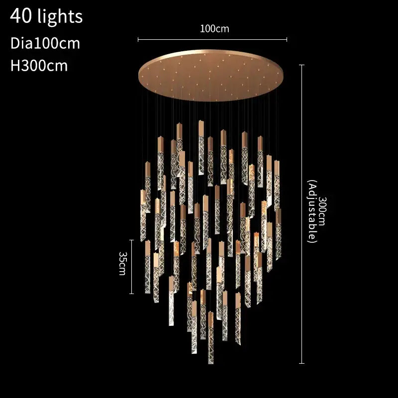 A modern decorbites crystal led chandelier with bronze ceiling mount and 40 crystal rods for staircase or living room decor