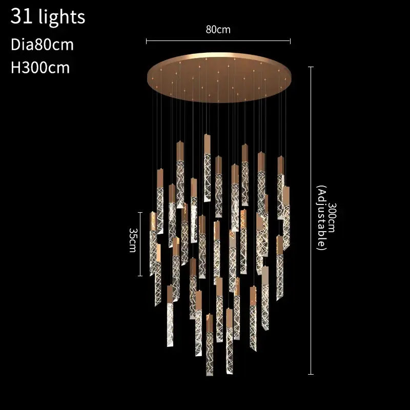 Modern gold and crystal led chandelier with bronze finish and 31 hanging crystal-encrusted rods by DecorBites crystal led