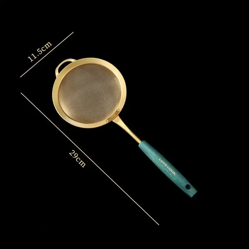 Gold-toned mesh kitchen colander juice strainer with teal handle and love cook brand for decorbites kitchen colander set
