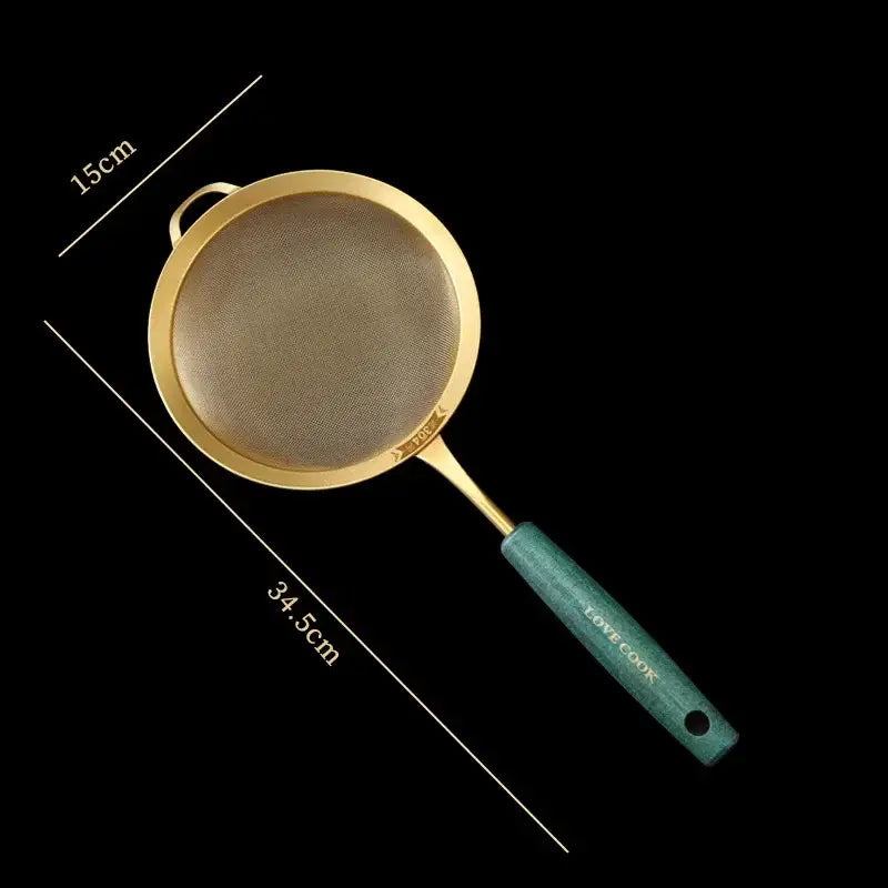 Gold-toned decorbites kitchen colander with teal green handle and fine mesh for kitchen colander juice strainer use