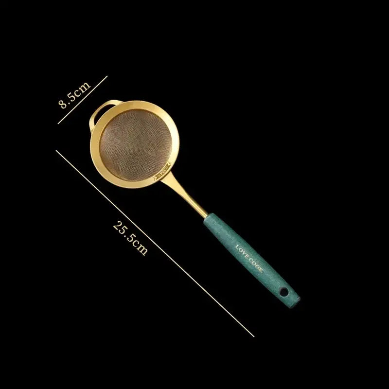 Gold-rimmed kitchen colander juice strainer with teal silicone handle and fine mesh by love cook for decorbites kitchen colander use
