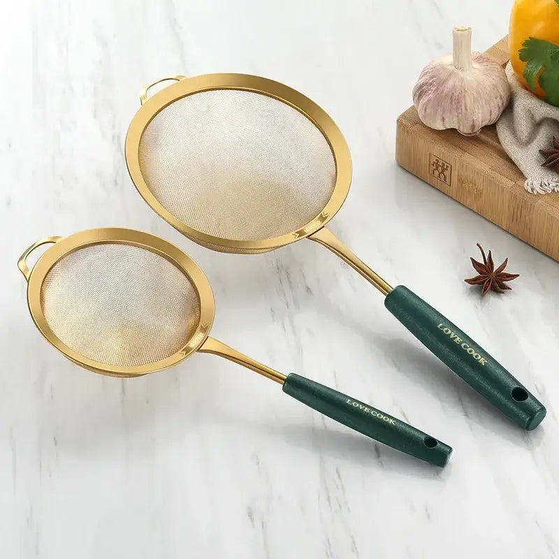 Gold and dark green colander juice strainer set with gold rim and love cook engraving for decorbites kitchen colander use