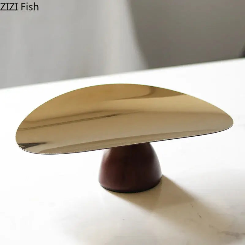 Gold and dark wood cake stand fruit bowl tray set with gold-toned curved metal and dark brown wooden base