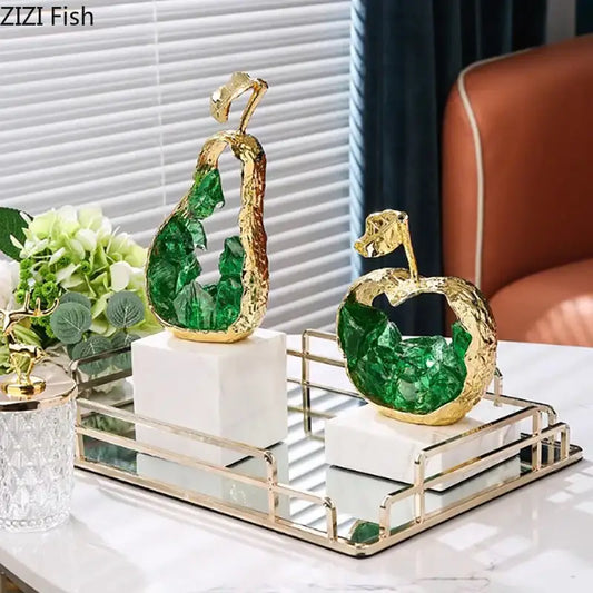 Gold and green crystal apple pear alloy ornaments on white marble bases for living room decor