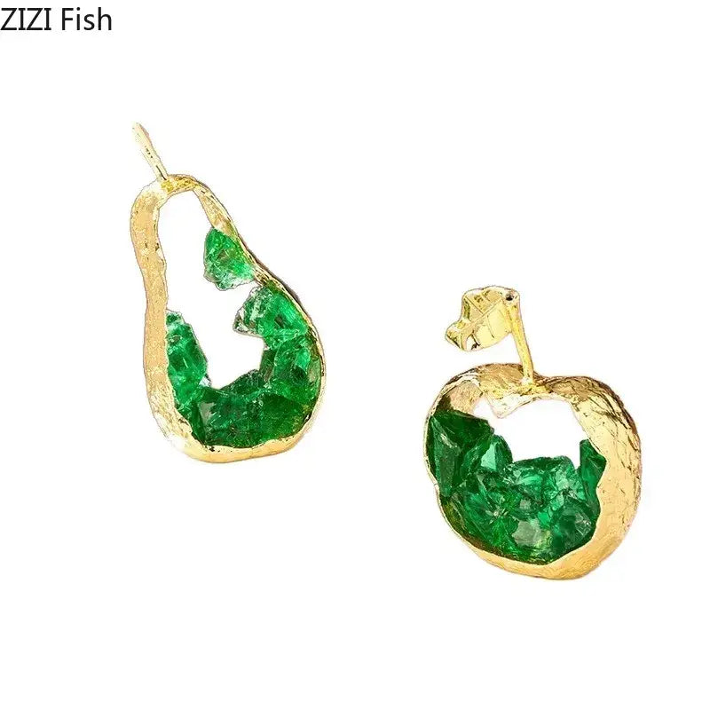 Gold-toned apple pear alloy earrings with embedded green crystal gemstones for elegant pear alloy ornaments decor