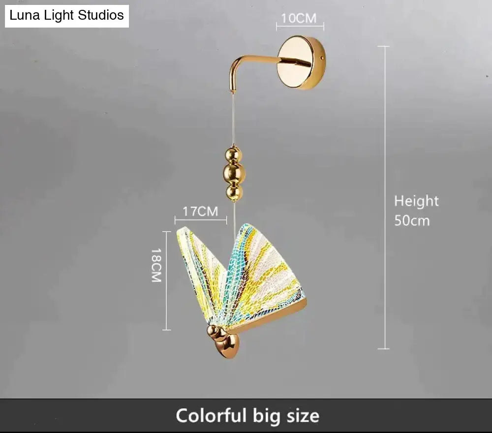 Gold and patterned butterfly led wall light with vibrant gold accents and yellow teal wings for bedroom decor wall light