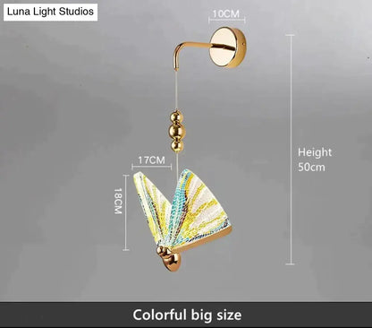 Gold and patterned butterfly led wall light with vibrant gold accents and yellow teal wings for bedroom decor wall light